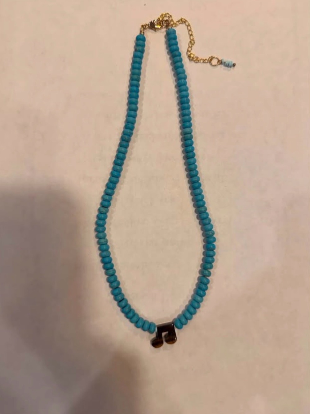 Turquoise beaded necklace tigers eye music note charm with gold clasp